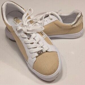 Guess Old Skool Sneakers 9.5M Tan Canvas Gold Studded Low Top Streetwear Shoes